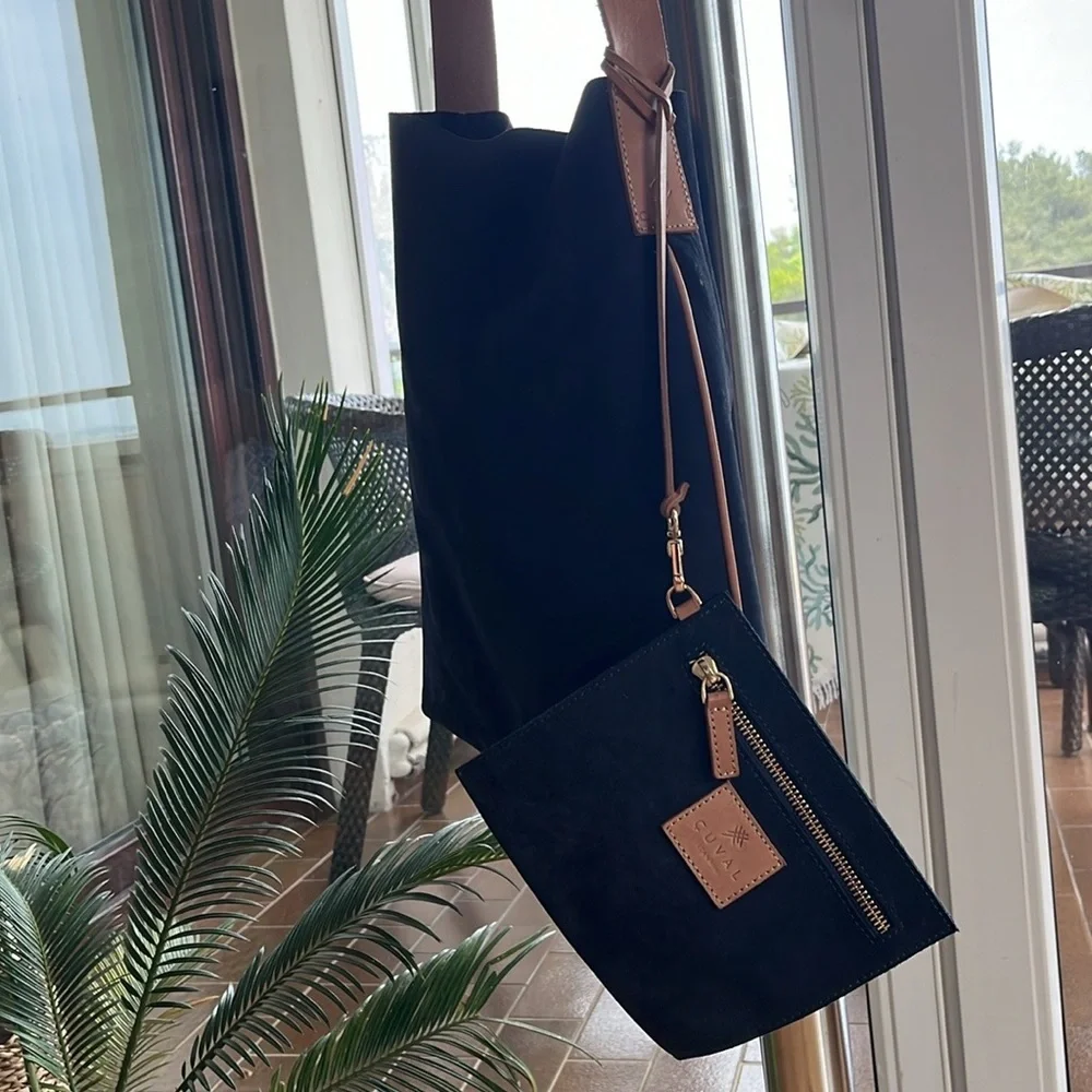 Navy Blue Suede Hobo Shoulder Bag with Tan Strap
